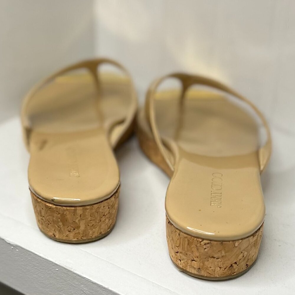 Jimmy Choo Beige Patent Cork Wedge Flip Flops - Picture 4 of 6